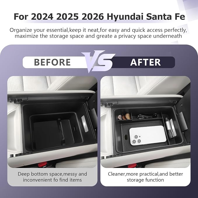 LUWU Center Console Organizer for 2024 2025 2026 Hyundai Santa Fe SE/SEL/XRT/Limited/Calligraphy Accessories Armrest Console Tray Storage Box ABS Material 2025 2026 Santa Fe Accessories Black