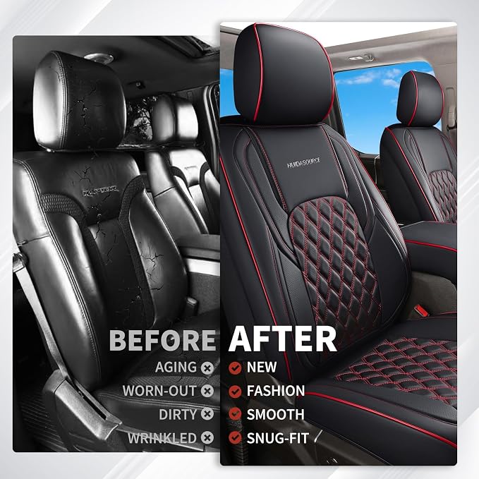 Huidasource Silverado Front Seat Covers Fit for Chevrolet Silverado GMC Sierra Pickup 1500 2007-2025, 2500HD 3500HD 2015-2025 Crew Double Extended Cab Truck Seat Cushion Cover(Front Pair/Black&Red)