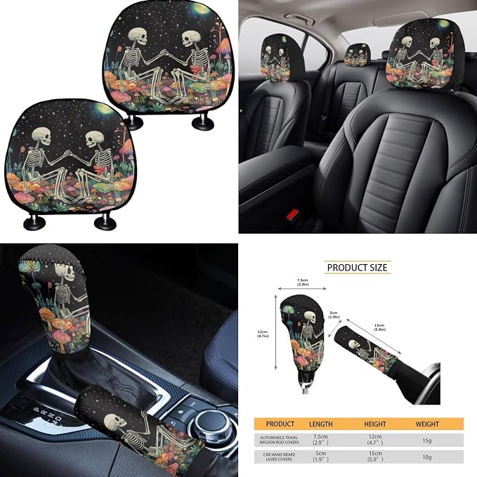 Goth Moon Skeleton Car Seat Covers Full Set 15 Pcs Universal Car Accessories Steering Wheel Cover Seat Belt Pads Garbage Bag Car Headrest Pillow Covers Armrest Pad