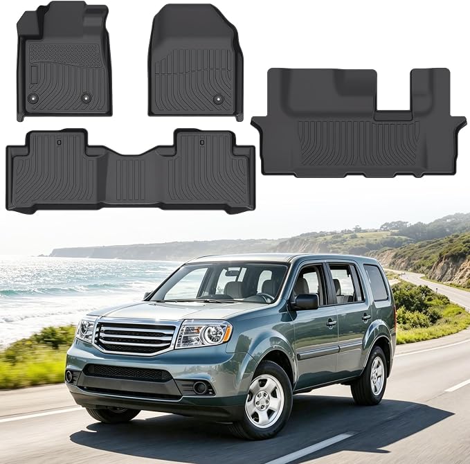 Floor Mats for Honda Pilot 2009-2015, Heavy Duty TPE All Weather Protection, Waterproof Non-Slip Black Car Liners (Three-Row Floor Mats)