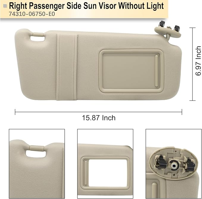 NHILES Right Passenger Side Sun Visor Compatible with Toyota Camry Without Light 2007 2008 2009 2010 2011 Replaces# 74310-06750-E0 Color Beige