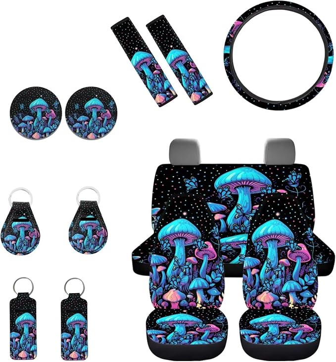 INSTANTARTS Mushroom 13-Piece Car Seat Cover Set with Steering Wheel, Seat Belt, Coaster, Key Fob, Lipstick Covers for Trucks, Vans, SUVs