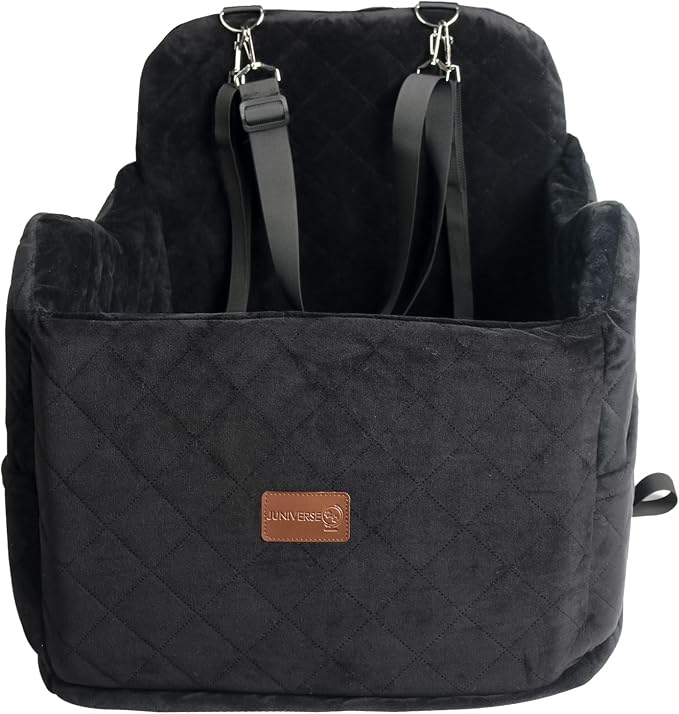 Juniverse Dog Booster Car Seat for Small to Medium Dogs Up to 30 lbs, Memory Foam, Washable Velvet Fabric Cover, Safety Leash, Storage Pockets, 19x19x19 Inches (Black)