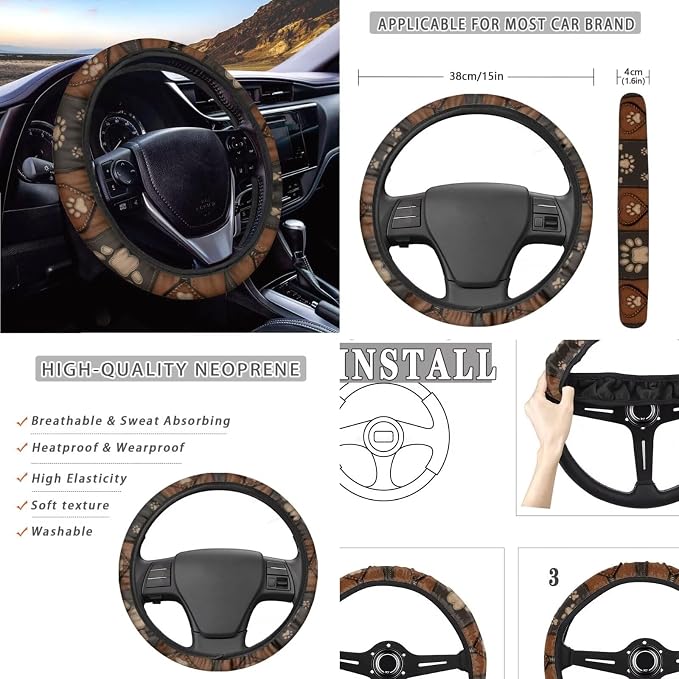 Paw Print Car Seat Covers with Matching Steering Wheel Cover 4 Pcs Seat Belt Pads Breathable Auto Seat Protector Universal Auto Interior Accessories, Brown