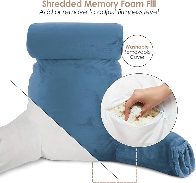Nestl Reading Pillow with Shredded Memory Foam Includes 2 Neck and Lumber Support Pillows, Designed for Sitting Up in Bed and Couch, Back and Arms Adjustable Support for Adult & Teens, Blue Heaven