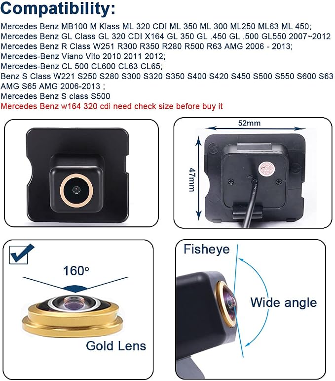 HD IP68 Rear View Reversing Camera Compatible with Mercedes Benz ML320 ML350/GL320 X164/W251 R300 R350 R280 R500 R63/Viano Vito/W221 S250 S280 S300 S320 S350 S400 S420 S450 S550 S600 S63 S65/S500/W164