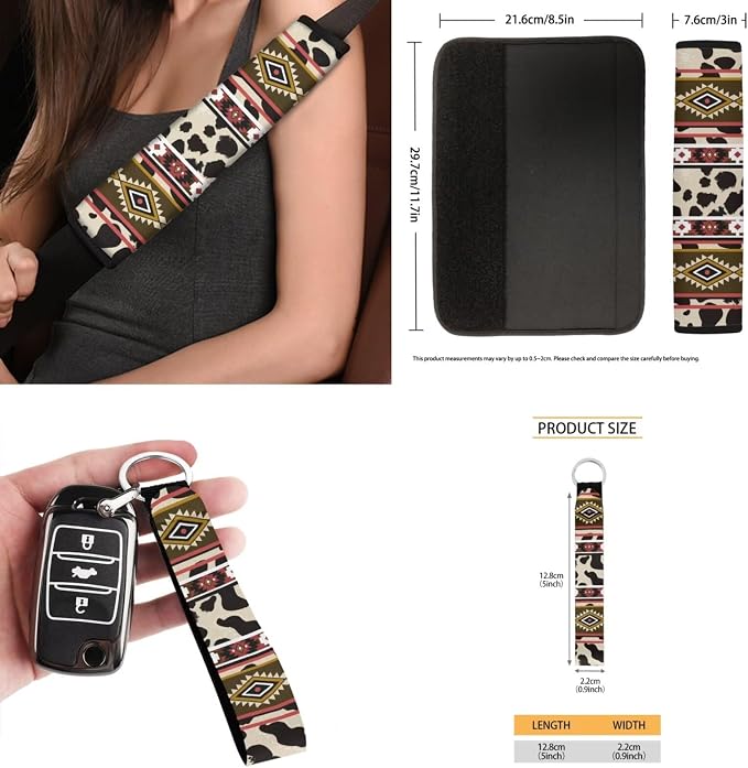 Desert Tribal Boho Car Accessories Car Seats Cover Protector, Steering Wheel Covers, Seatbelt Cover, Car Trash Can, Cup Coasters, Rearview Mirror Cover, Keychains, Pack of 15