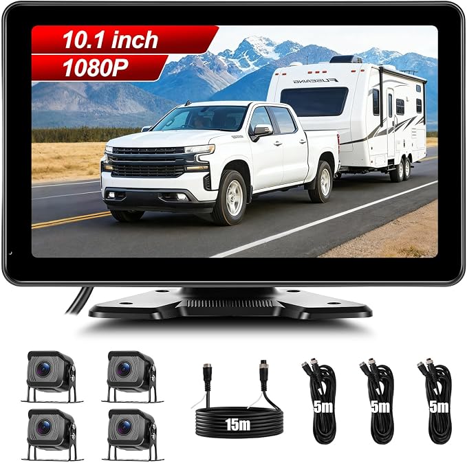 4 Cameras Wired Backup Camera System with 10.1Inch IPS Monitor for Truck RV Trailer Bus, Rear View Camera, with Side Front View Camera, 4 Split Screen, Super Waterproof, Night Vision, AHD1080P