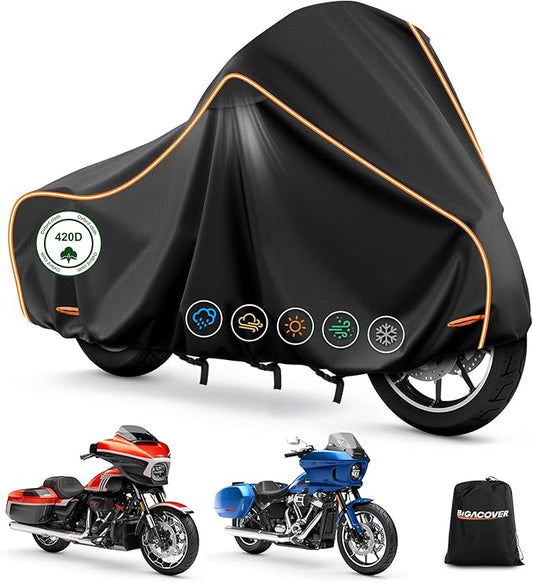 420D Motorcycle Cover for Harley Davidson Touring Models Road King, Road Glide, Street Glide, Electra Glide, Heritage Classic, Low Rider Outdoor Bike Cover Waterproof Fits up to 118” Motorcycle