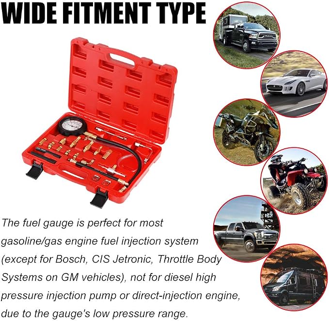 JIFETOR Fuel Injection Pump Pressure Tester Gauge Kit, Car Gasoline Gas Fuel Oil Injector Test Manometer Tool Set 0-140PSI, Universal for Auto Truck SUV Motorcycle ATV RV