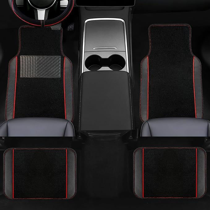 NBTEPEM 10 Pcs Car Floor Mats Full Set Car Accessories, Microfiber Leather Steering Wheel Covers 14.5-15 inch, Center Console Cover, Seat Belt Pads, Cup Coasters, Universal Interior Decor(Red)