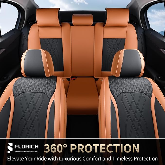 FLORICH Seat Cover Full Set Automotive Seat Cover 5 Seats Leather Waterproof Car Seat Cover Easy installation Non-slip Comfort Cushion Universal Fit for Most Car Truck SUV Seat Protection, Brown&Black
