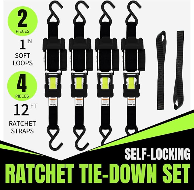 Retractable Ratchet Straps, 4-Pack, 1 Inch x 12 Feet, 1,760lb Break Strength, Self Retracting Tie Down for Truck, Cargo Trailer, Motorcycle, ATV, UTV (Black, 4pack)