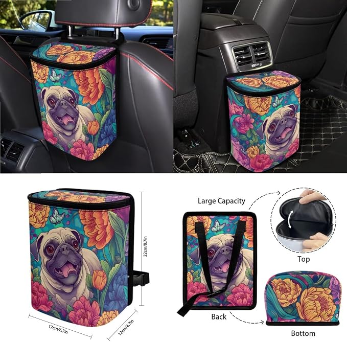 Pug Floral Print Car Accessories Full Set of 15 Car Seat Covers Steering Wheel Cover Air Vent Storage Holder Seatbelt Strap Pad Cup Coasters Rear View Mirror Cover Keychain