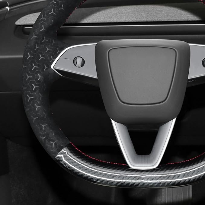 MEWANT DIY Shiny PU Carbon Fiber Geom Embossed Athsuede Steering Wheel Cover for Tesla Model Y Juniper Model 3 Highland