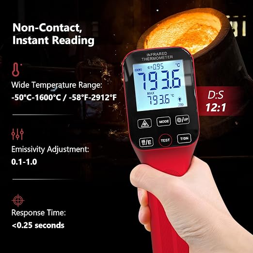 Smart Infrared Thermometer Gun - Accurate Digital Laser Temperature Gauge for NCV Temps Gun Measurement from -58℉~2912℉ with 30:1 Ratio and 0.25s Fast Response Time