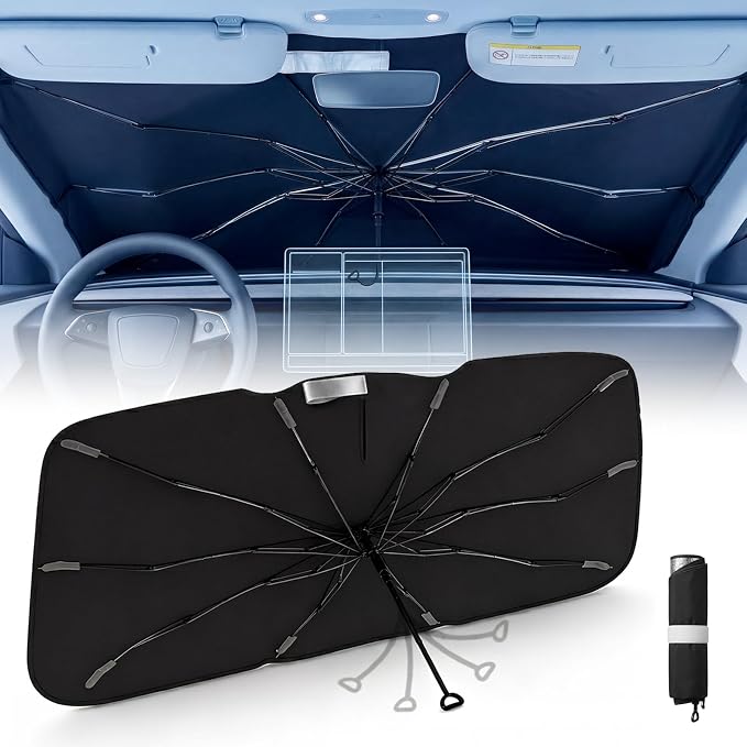 3W Windshield Sun Shade Umbrella, Large 63" x 32.3" – Graphene Coating Heat Shield, Spring Structure Edge – Protect Car Interior from Sun Rays & Heat Damage, Keep Cool