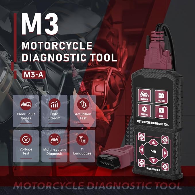 Motorcycle System Diagnostic Test Measurement Tools M3-A Motorcycle Fault Code Readers Scan Tools Moto Diagnostic Test Measurement Tools Compatible for Yamaha 2/3/4P,Kawasaki 4-6P,Honda 4P,OBDII 16P