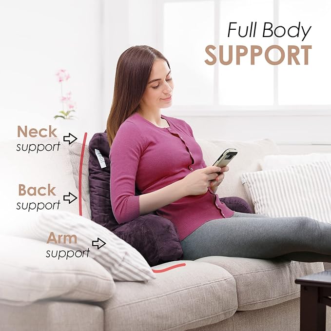 Nestl Reading Pillow with Shredded Memory Foam, Designed for Sitting Up in Bed and Couch, Back and Arms Adjustable Support for Adult & Teens Backrest Pillows for Reading, with Washable Cover Purple