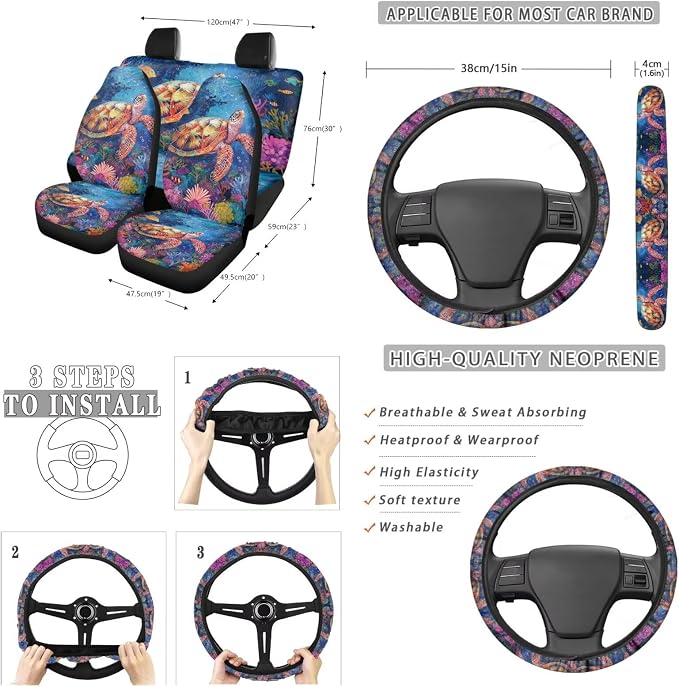 Suobstales Sea Turtle Print Car Accessories Set of 13, 4 Auto Seat Covers, 1 Steering Wheel Cover, 1 Car Trash Can, 2 Seat Belt Covers, 2 Coasters, 1 Rearview Mirror Cover, 2 Keychians