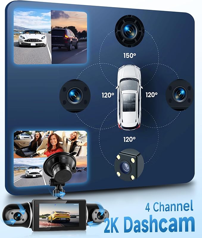 360° 4 Channel Dash Cam 2K Front 1080P Rear/Left/Right, 5G WiFi App Control, 3" IPS Screen, 8 IR Night Vision, G-Sensor Loop Recording, Reverse Assistance for All Vehicles
