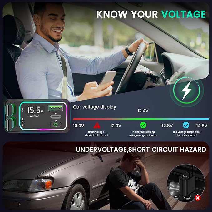 4-in-1 Retractable Car Charger, Dual Type-C with 2.62ft Cords & Dual USB Ports, Fast Charging Adapter, Road Trip Essentials and Travel Gifts for iPhone 16/15/14/13/12, iPad, Galaxy, Pixel