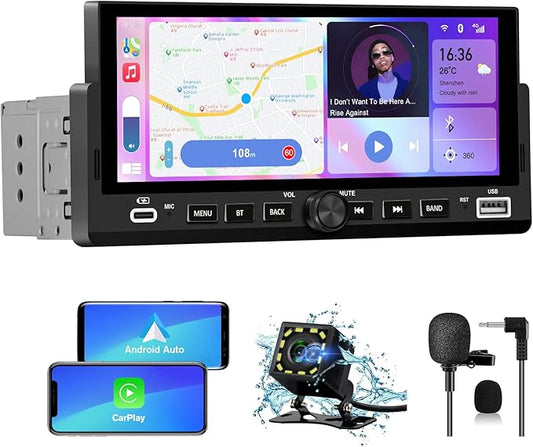 6.86 inch Single Din Car Stereo with CarPlay&Android Auto HD IPS Touchscreen Radio with Bluetooth 5.0, 720P BackupCamera with 6M Cable, Support USB Type-C Charging/USB/Microphone/FM/EQ/GPS/SWC