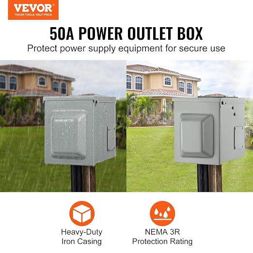 VEVOR 50 Amp RV Power Outlet Box, 125/250 Volt, Enclosed Lockable Outdoor RV Receptacle Box, NEMA 14-50R Weatherproof Electrical Panel, for RV Camper Trailer Motorhome Electric Car