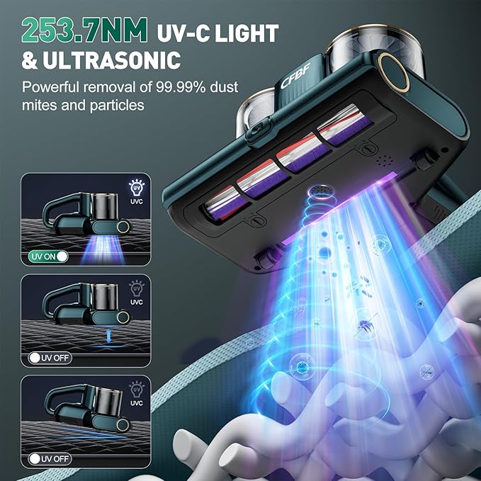 CFBF Mattress Vacuum Cleaner, Bed Vacuum Cleaner with 16Kpa Suction 253.7nm UV-C Light, Ultrasonic & High Heating, 500W Powerful Double-Cup Handheld Vacuums for Bed, Sofa, Couch, Crib, 16.4FT Corded