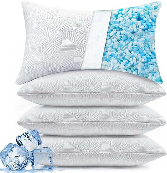 BETU Cooling Pillows Standard Size Set of 4, Shredded Memory Foam Bed Pillows, Adjustable Firm Support Cool Pillow for Neck Pain and Side Sleeping, White