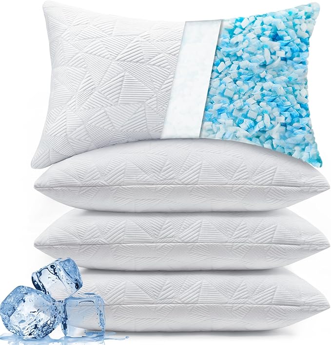 BETU Cooling Pillows Queen Size Set of 4, Shredded Memory Foam Bed Pillows for Sleeping, Adjustable Firm Cool Pillow for Neck Pain and Side Sleeper White