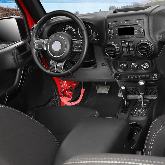RAZPOY JK 18PCS Interior Trim Kit, Steering Wheel Trim & Gear Shift Cover Air Conditioning Vent Trim Compatible with 2011-2017 Jeep Wrangler JK 4-Door, Carbon Fiber