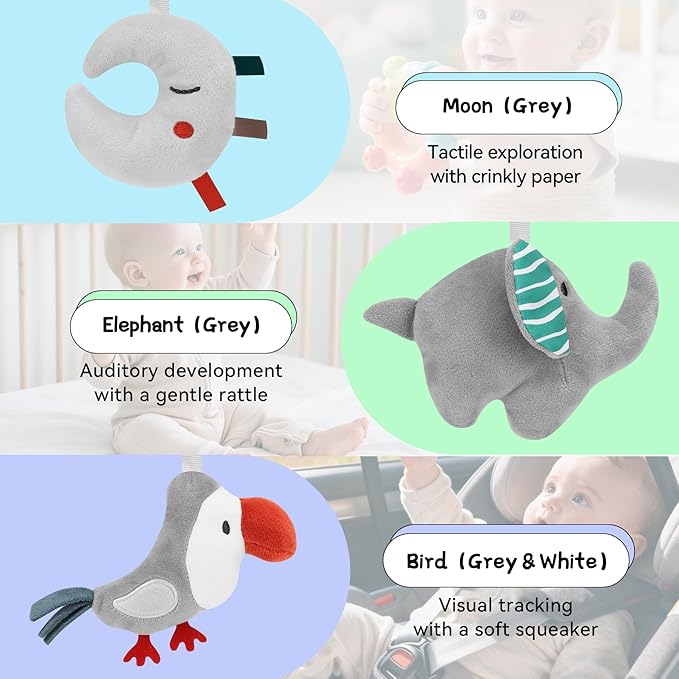 FPVERA Car Seat Toys for Babies 0-6 Months: Travel Baby Toy for Soft Hanging Toys for Carseat, Spiral Stroller Activity Toy Plush for Infant Boys Girls, Grey Elephant