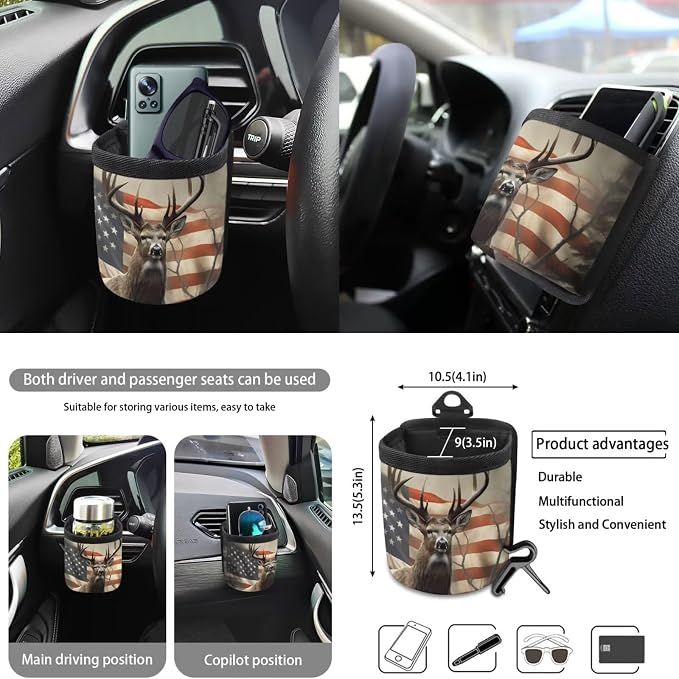 Deer American Flag Pattern Car Accessories Set of 10, Anti Slip Front/Back Bench Bucket Seat Cover, Steering Wheel Cover, Car Trash Can, Cup Coasters, Keychain, Air Vent Pocket Bag