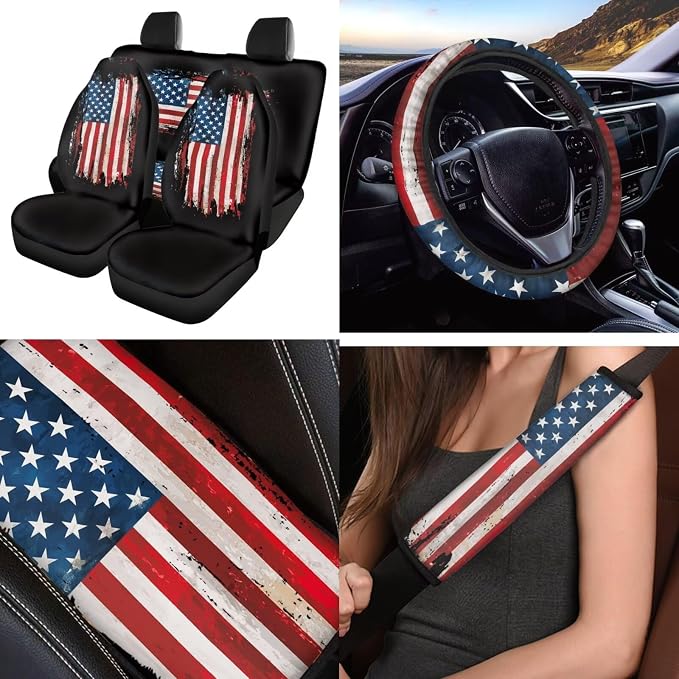 American Flag 12 Pcs Car Seat Cover Set with Auto Steering Wheel Cover Armrest Cushion Cup Coasters Protector Seat Belt Covers,Automotive Interior Sets Universal Fit Most Cars SUV