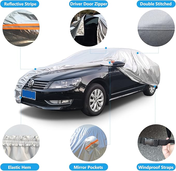 SEAZEN Car Cover Waterproof All Weather, Full car Covers UV Protection/Snowproof/Dustproof, Universal Car Cover 2 Layer with Zipper (Fit Sedan Length Up to 209")