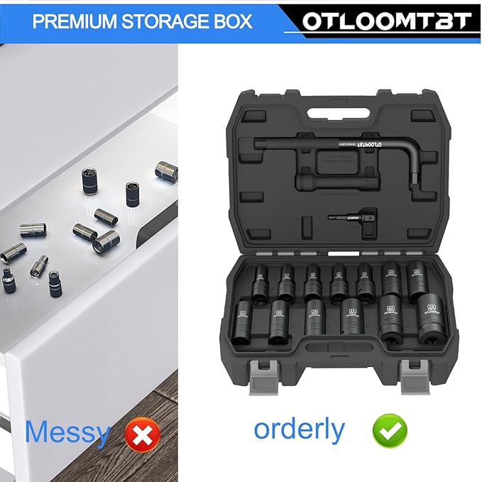OTLOOMTBT 16PCS 1/2 In Drive Thicker Impact Socket Set, High Durability Industrial Grade Deep Metric Sizes Sockets Sets, with L Handle 5 In Extension Bars & Drill Socket Adapter with Premium Organizer