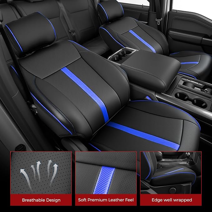 Faux Leather Front Seat Covers for Ford F150 2015–2025 2026 (XL, XLT, Not Regular Cab), Exact Fit 1st Row Bucket Seat Protectors,Truck Interior Accessories for F-150 Black/Blue