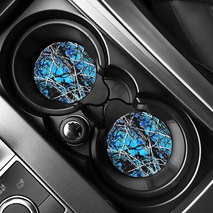 Xoenoiee Universal Car Seat Covers Full Set 11-pcs Blue Forest Camo Car Interior Accessories for Women Men, Car Coasters, Keychain, Steering Wheel Cover, Seat Belt Pad