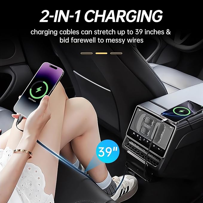 USB Hub for Tesla Model Y Juniper 2025 2026 Model 3 Highland 2024 2025, 87W Multi Port Center Console Fast Charger Rear Vent Air Outlet Expansion Cover Docking Station with Retractable Cables