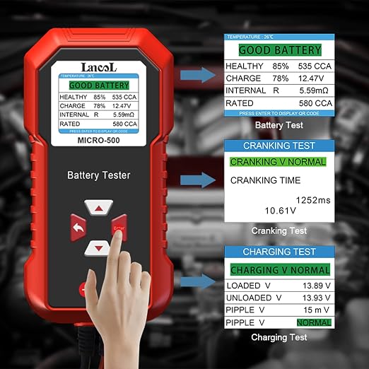 Lancol Micro 500 Car Battery Tester, 12V Lithium Battery Test 40-3000 CCA Cranking System Test Digital Lead Acid Battery Analyzer Automotive Alternator Tester LED Display