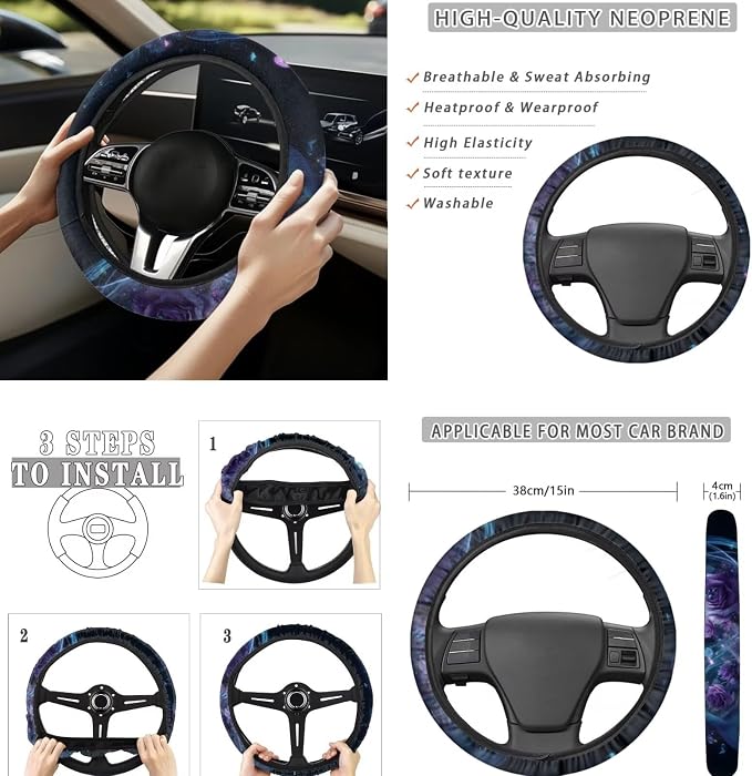 Purple Rose Dolphin Car Seat Covers Full Set 8 Pcs Car Accessories for Women Front Seat Cover Steering Wheel Armrest Cover Seat Belt Cover for Auto SUV Interior Decoration
