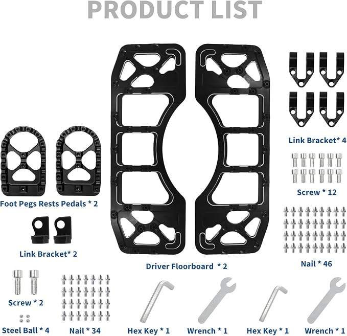Motorcycle Floorboards Set Driver Front Footboards and Rear Passenger Foot Pegs Kit Offroad MX Style Compatible with Harley Touring Models (Black Large and Basic Set)