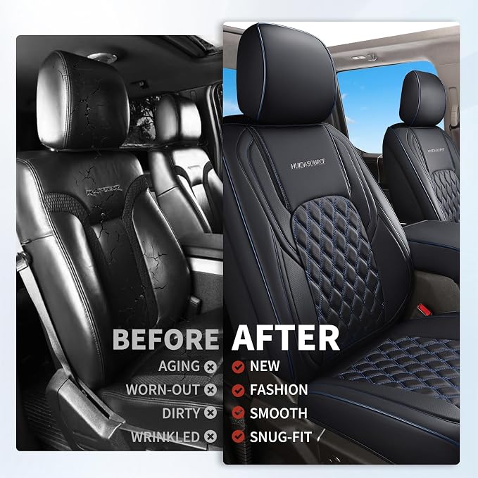 Huidasource Front Seat Covers for Dodge Ram, Leather Car Seat Cushion Cover Fit for 2009-2018 ram 1500, 2010-2025 ram 2500/3500 Crew/Mega Cab, 2019-2025 ram 1500 Classic Only (Flat Front/Black&Blue)