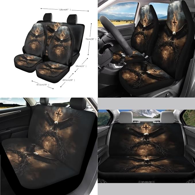 14Pcs Car Seat Covers Full Set Eagle Fire Cross Print Car Front Back Seat Covers with Steering Wheel Cover Armrest Cushion Safety Belt Pads Rearview Mirror Cover, Easy to Install