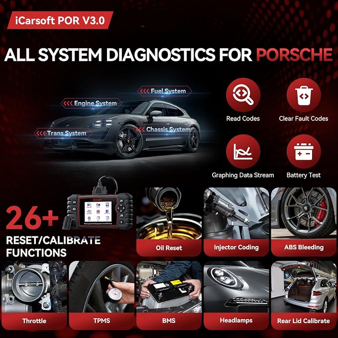 Bidirectional Diagnostic Tool for Porsche/Cayenne, iCarsoft POR V3.0 All System OBD2 Scanner, 26 Resets +12 Extra Services Battery Registration Code Reader for Porsche,Support CAN-FD, Free Update