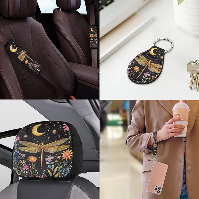 Golden Dragonfly Car Seat Covers Full Sets of 18 Pcs Universal Car Interior Accessories Sets with Dragonfly Car Headrest Covers Car Seat Belt Pads Cover Auto Trash Can Steering Wheel Wrap