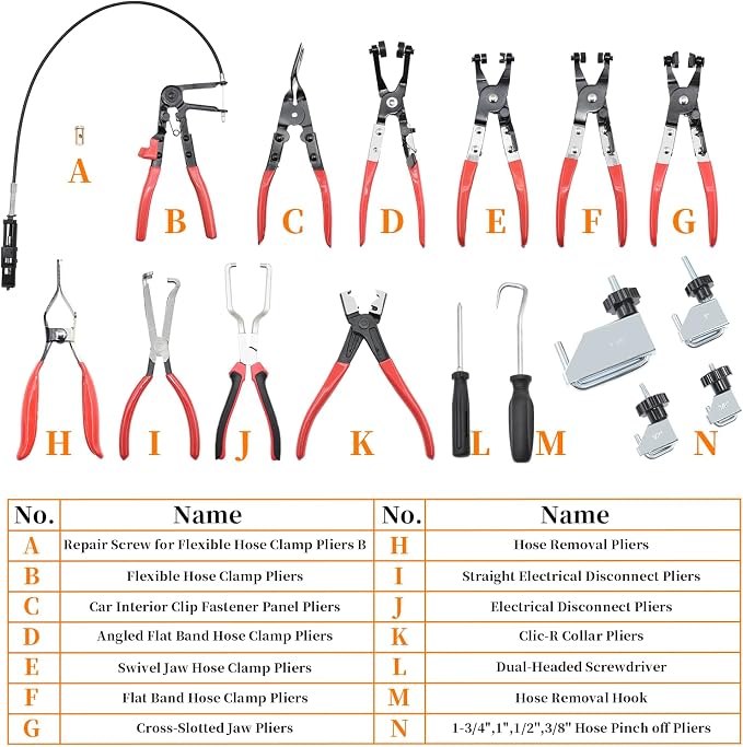 16 Pcs Hose Clamp Pliers Set, Hose Clamp Removal and Installation Tool with Long Flexible Plier & Electrical Disconnect Pliers for Automotive Coolant Radiator Heater, Water Hoses, Fuel Lines