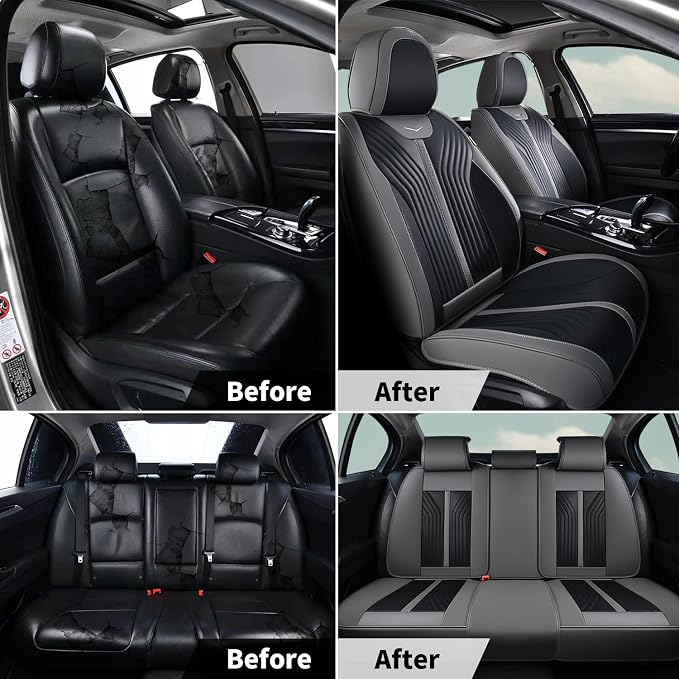FLORICH Seat Covers for Car Waterproof Seat Cover Full Set Leather Car Seat Cushion Universal Carseat Cover Front and Rear Fit for Most Cars Trucks SUV, Gray&Black