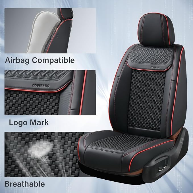 Coverado 2 in 1 Seat Covers for Car Full Set, Conversions Between Warm Suede and Cold Ice Silk for Car Seat Protector Car Accessories Universal Fit for Most Cars SUVs and Trucks（Black&Red）